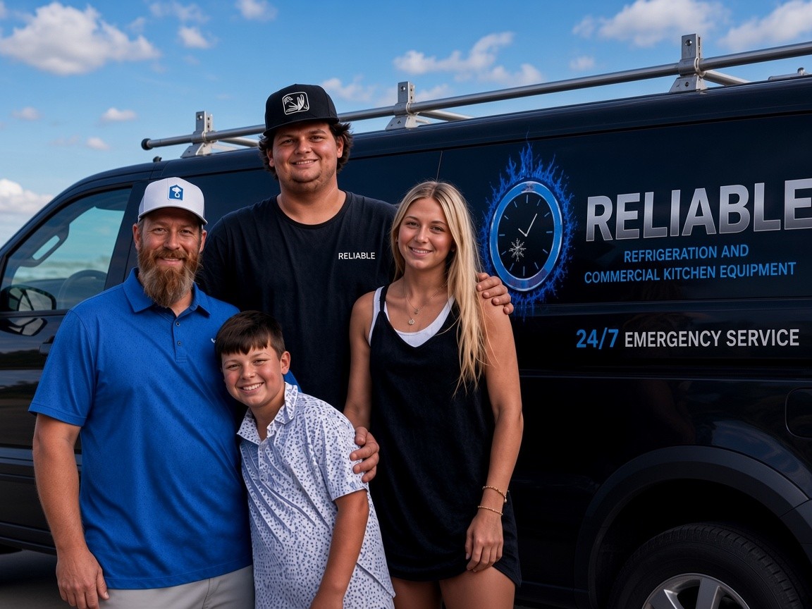 The Reliable Refrigeration family team beside their service van